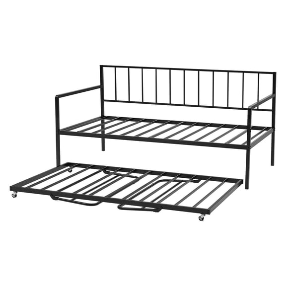 Modern LED Daybed with Trundle Bed and Charging Hub, 6-Level Height Adjustable Metal Frame, for Bedroom, Dorm, Office