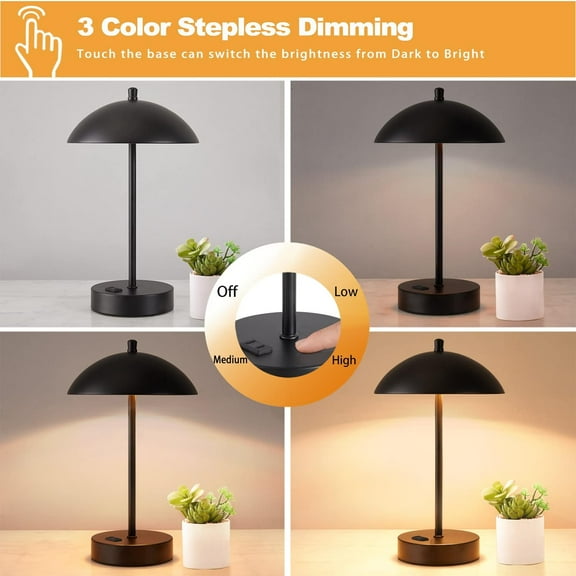 Modern LED Desk with AC Adapter, 12" 3-Way Dimmable Touch Bedside Reading , Minimalist Black Small Nightstand Table with Mushroom Dome Shade for Bedroom Living Room Office, Bulb Included