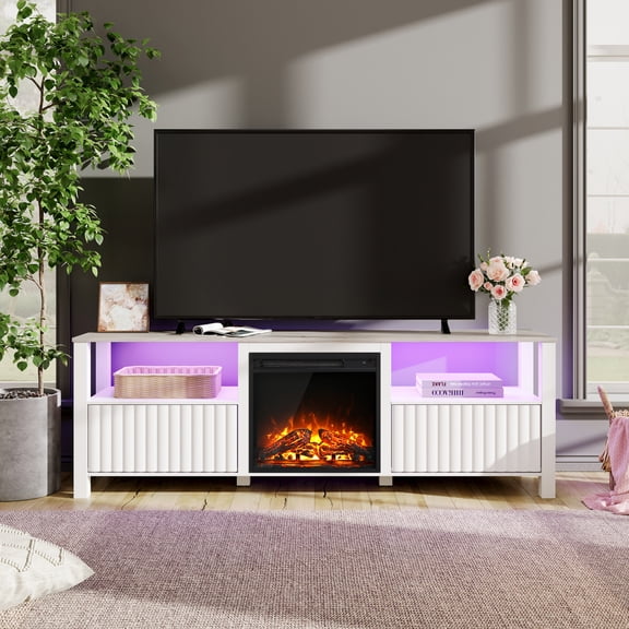 Modern LED Fireplace TV Stand for 75 inch TV & 16 Color LED Light, Entertainment Center with Storage Cabinets, White