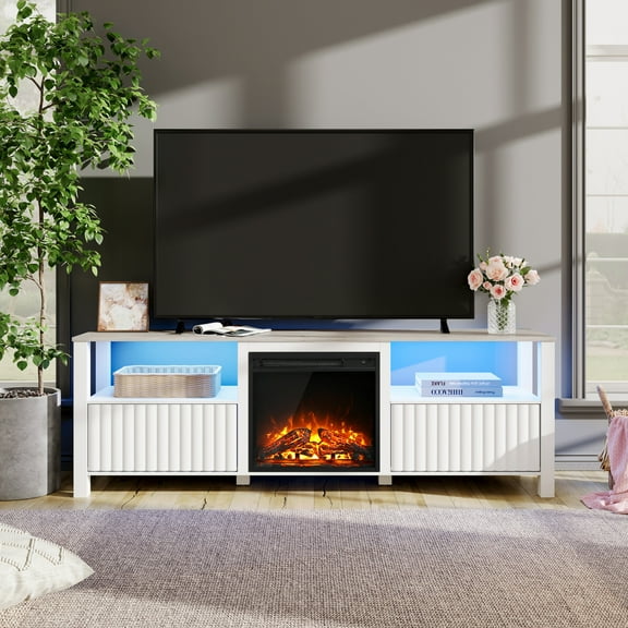 Modern LED Fireplace TV Stand for 75 inch TV & 16 Color LED Light, Entertainment Center with Storage Cabinets, White