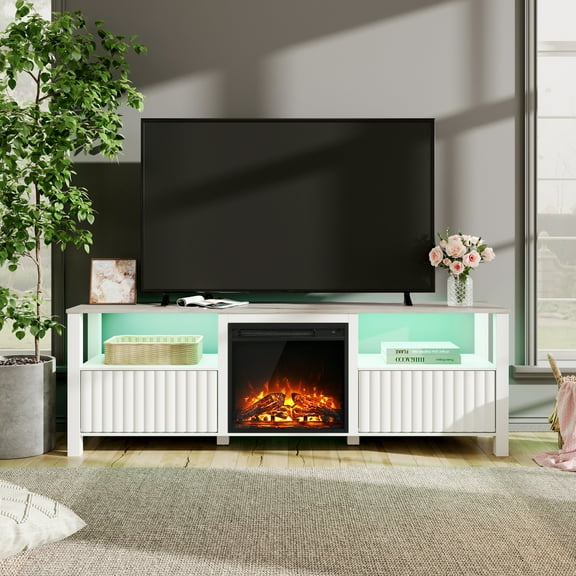 Modern LED Fireplace TV Stand for 75 inch TV and RGB LED Light, Entertainment Center with Storage Cabinets, White