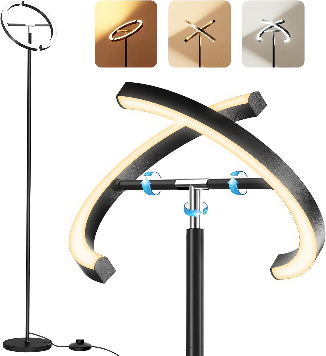 Modern LED Floor Lamp, Rotatable Standing Lamp with Foot Switch, 20W Bright Reading Floor Light with 3 Color Temperatures, Black Stand up Lamp Tall Lamp for Living Room, Bedroom, Office