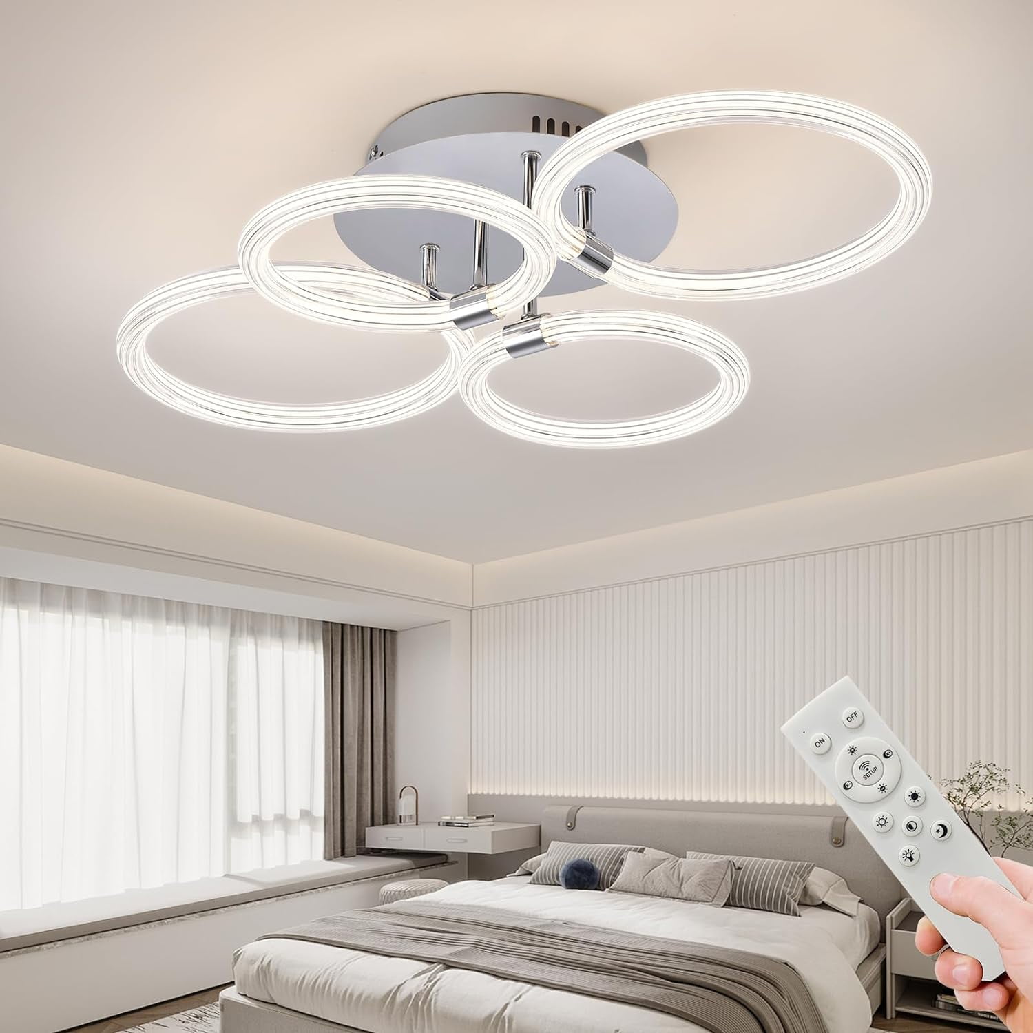 Modern LED Flush Mount Ceiling Light with Remote Dimmable Control, 4 Rings Acrylic Close to Ceiling Light Fixture for Bedroom Living Room Kitchen Office, Adjustable Brightness Indoor Ceiling Mount