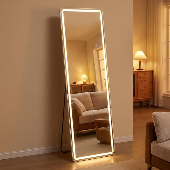 Modern LED Full-Length Mirror with Rounded Corners, 3 Color Temperatures, Touch Control, Floor & Wall Mountable, Anti-Fog for Bedroom/Bathroom(16" x60")