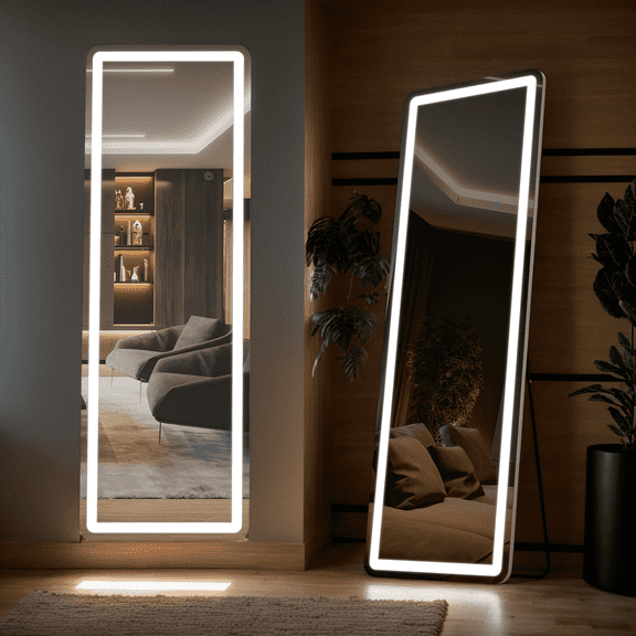 Modern LED Full-Length Mirror with Rounded Corners, 3 Color Temperatures, Touch Control, Floor & Wall Mountable, Anti-Fog for Bedroom/Bathroom(21" x64")