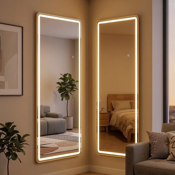 Modern LED Full-Length Mirror with Rounded Corners, 3 Color Temperatures, Touch Control, Floor & Wall Mountable, Anti-Fog for Bedroom/Bathroom(21" x64")