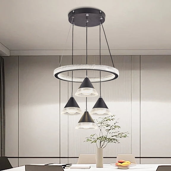 Modern LED Indoor Black Pendant Light With 4 Conical Pendants For Decoration And 3 Color Temperature Adjustable Lighting Fixtures