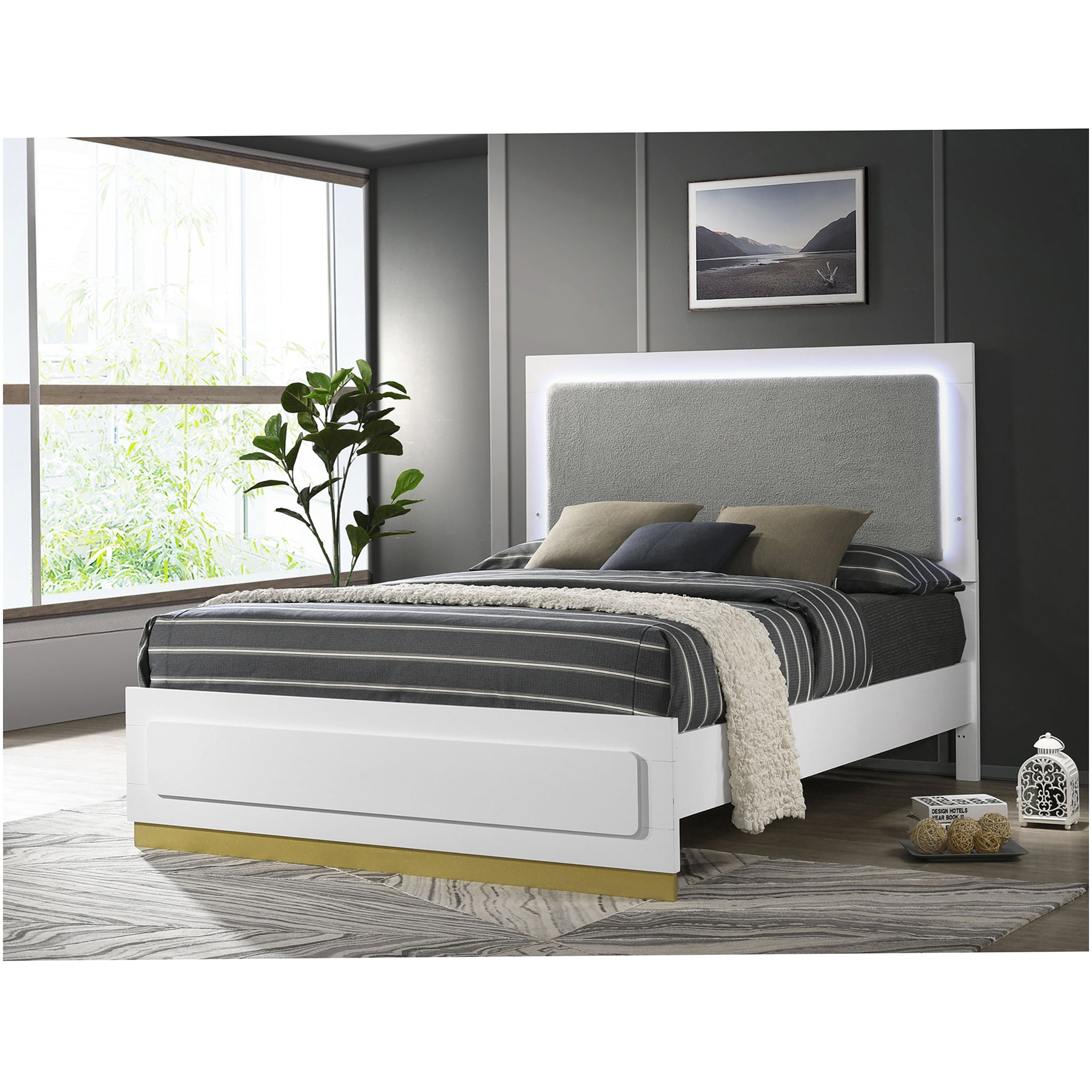 Modern LED King Size Bed with Upholstered Headboard, Wood Frame Platform Bed with Adjustable Lighting for Bedroom