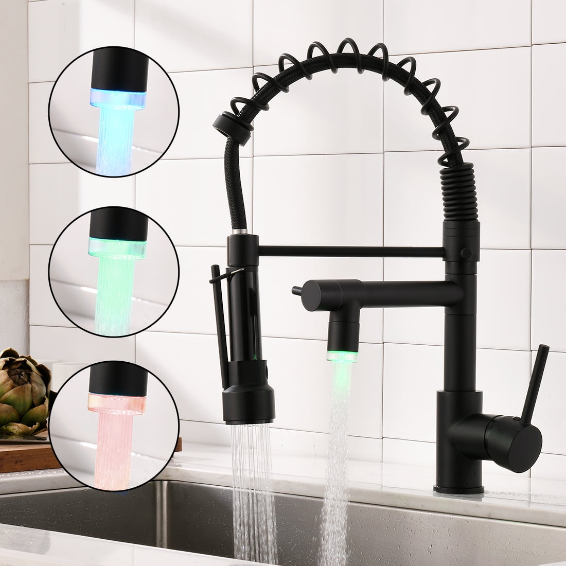 Modern LED Kitchen Faucet with Pull-Down Sprayer,Single Handle Single Lever Kitchen Sink Faucet, 2.5" x 9.25" x 19.49,Black