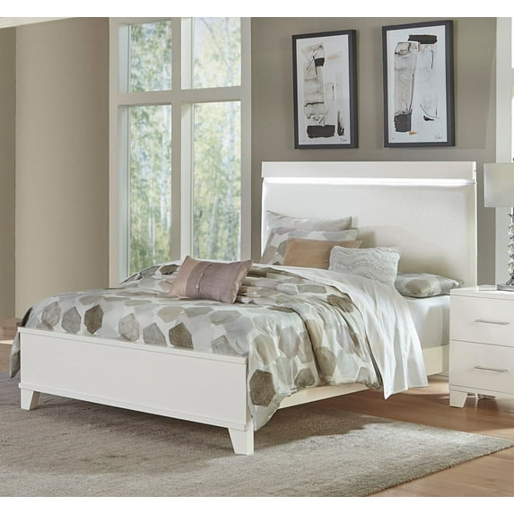 Modern LED Light Bed White Finish Queen Bed Faux Leather Headboard Bedroom Furniture 1pc