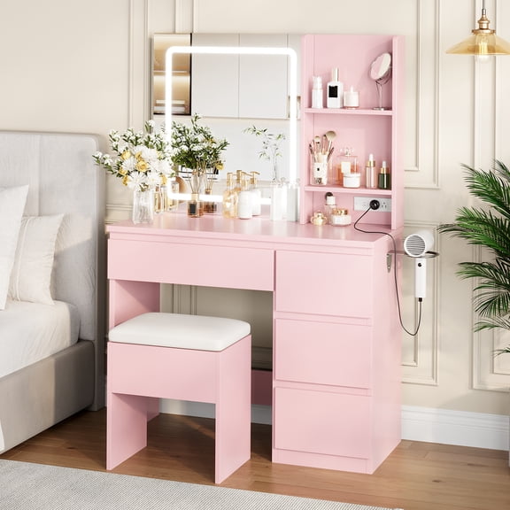 Modern LED Lighted Vanity Desk with Mirror – 4 Drawers, Power Outlet, Storage Stool, Shelves, Hair Dryer Holder – Adjustable 3-Color Dressing Table for Bedroom