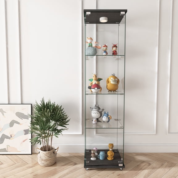 Modern LED Lit Tempered Glass Display Cabinet with Adjustable Lighting, Quick Assembly 4-Shelf Storage, Lockable Casters & Dust-Protective Doors for Living Room Collectibles, Black