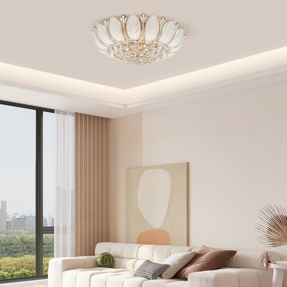 Modern LED Lotus Crystal Ceiling Chandelier, 7 Lights, E12 Base, Gold Finish, Flush Mount for Dining Room, Bedroom, Living Room, 60cm/23.5"