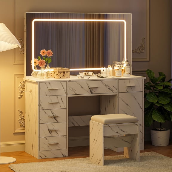Modern LED Makeup Vanity Table with Large Lighted Mirror, 7 Drawers & Charging Station, 3-Level Adjustable Brightness Dressing Table for Bedroom Makeup