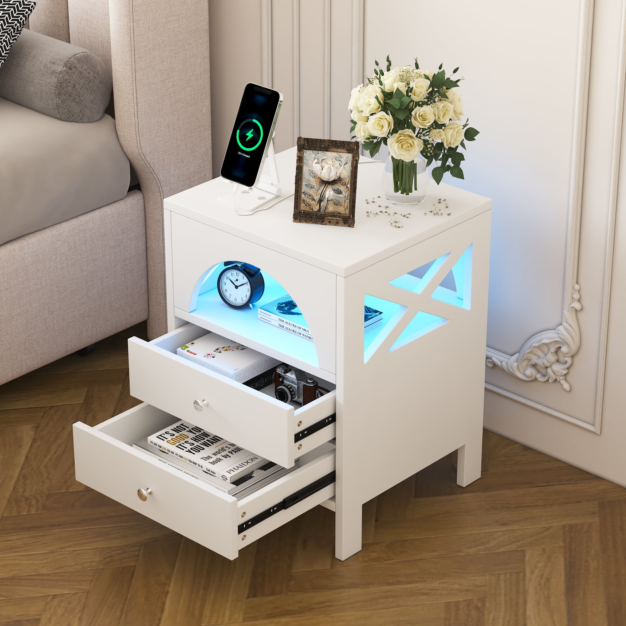 Modern LED Nightstand with 2 Drawers, BTMWAY LED Light Bedside Table Storage with 2 Outlets and