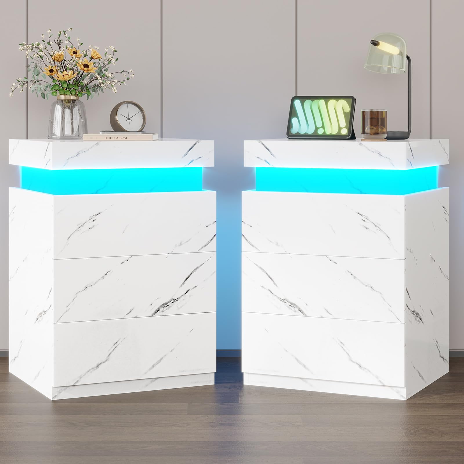 Modern LED Nightstand with 3 Drawers , White Nightstand Bedside Table Storage with Drawer Charging Station for Bedroom,USB Port,Smart Night Table with Sliding Top,2Pcs