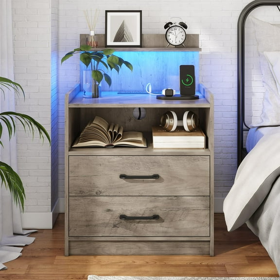 Modern LED Nightstand with Charging Station, Bedside Table with 2 Drawers and Open Shelf, Multi-Color RGB Lights App Control, USB Ports and Outlets, Grey