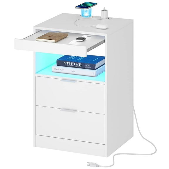 Modern LED Nightstand with Wireless Charging Station, Bedside Table with RGB Lights, 2 Drawers and Pull-Out Tray, USB Ports and Outlets for Bedroom Living Room, White