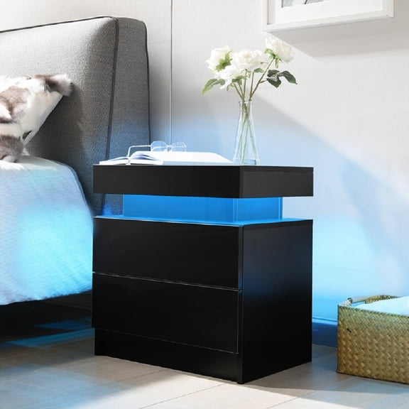 Modern LED Nightstand with 2 Drawers  Black Bedroom Storage Table