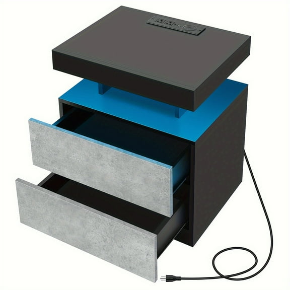 Modern LED Nightstand with Wireless Charging - 2 Drawers, RGB Lighting, USB/Type-C/AC Outlets, 100lb Capacity, MDF Bedside Table - Christmas Gift