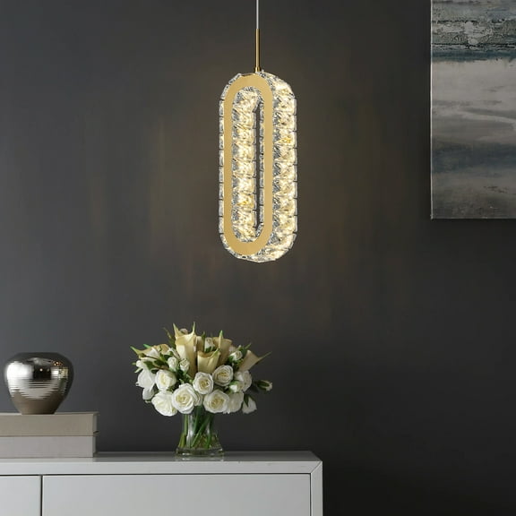 Modern LED Pendant Lights Oval Crystal Pendant Lights Mini Gold Pendant Lighting for Kitchen Island Dining Room Bedroom Living Room(1-Pack)