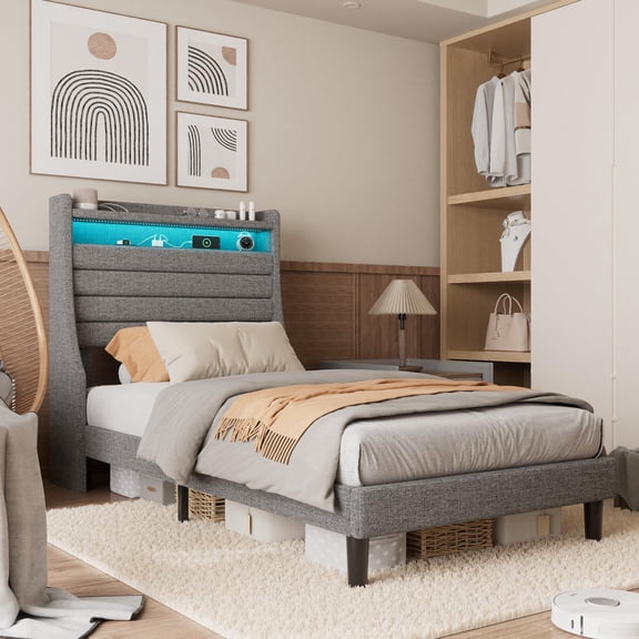 Modern LED Platform Bed Frame with Charging Station, Upholstered Headboard, Wooden Slat Support, Noise-Free, Storage, Easy Assembly, White or Gray, Full, Queen