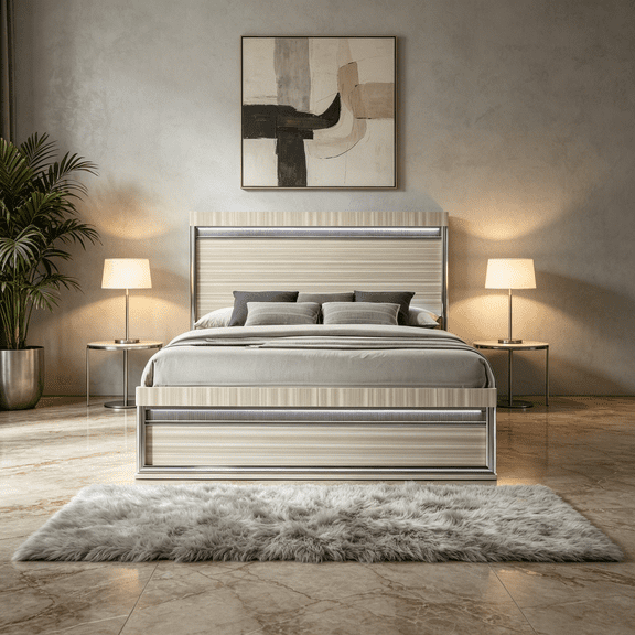 Modern LED Queen Bed Frame with Illuminated Headboard, Gray Wood Platform Bed with Slat Support System