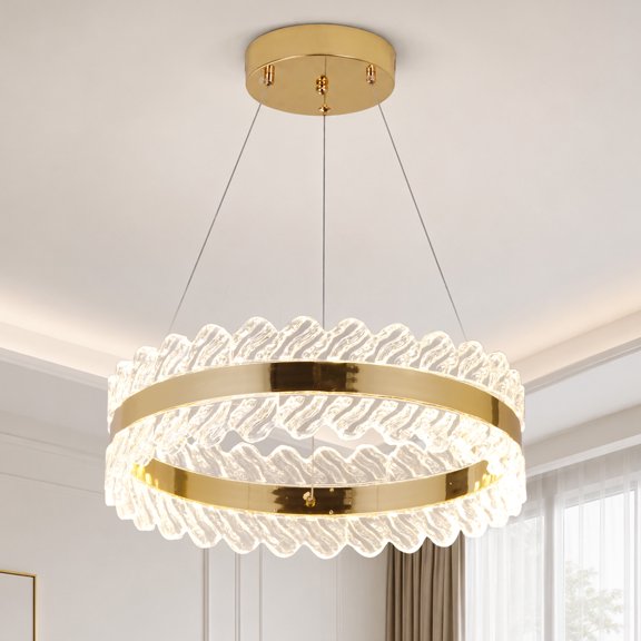 Modern LED Ring Chandelier, 15.7" French Gold Crystal Hanging Light Fixture, 3-Color Dimmable Acrylic Pendant Ceiling Light with Adjustable Height for Dining Room, Living Room, Bedroom, Foyer, 34W