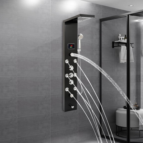Modern LED Shower Panel Tower Massage System Rain&Waterfall Jets Faucet Stainless Steel for Hotels, Homes