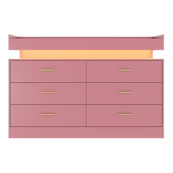 Modern LED Sideboard Buffet Cabinet 6 Drawers, Charging Station, Floating Countertop TV Stand, Coffee Bar Storage for Living Room, Bedroom, Office Pink