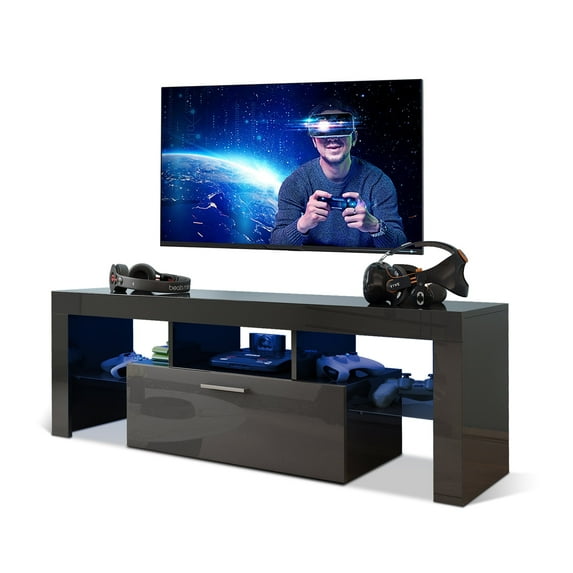 Modern LED TV Stand for 32/50/55 Inch TV, Entertainment Center with Led Lights, High Gloss Television Stands for Video Gaming, TV Console with Storage and Shelves for Living Room Bedroom Black