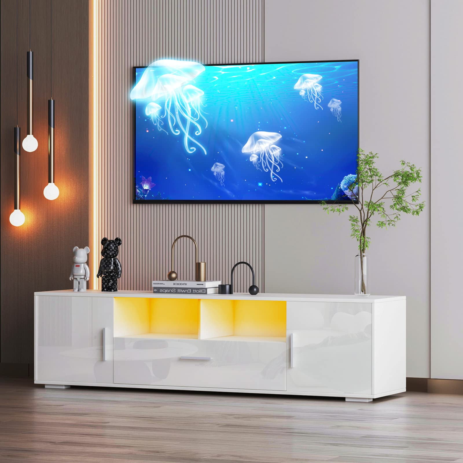 Modern LED TV Stand for 70 inch TV, White Entertainment Center with LED
