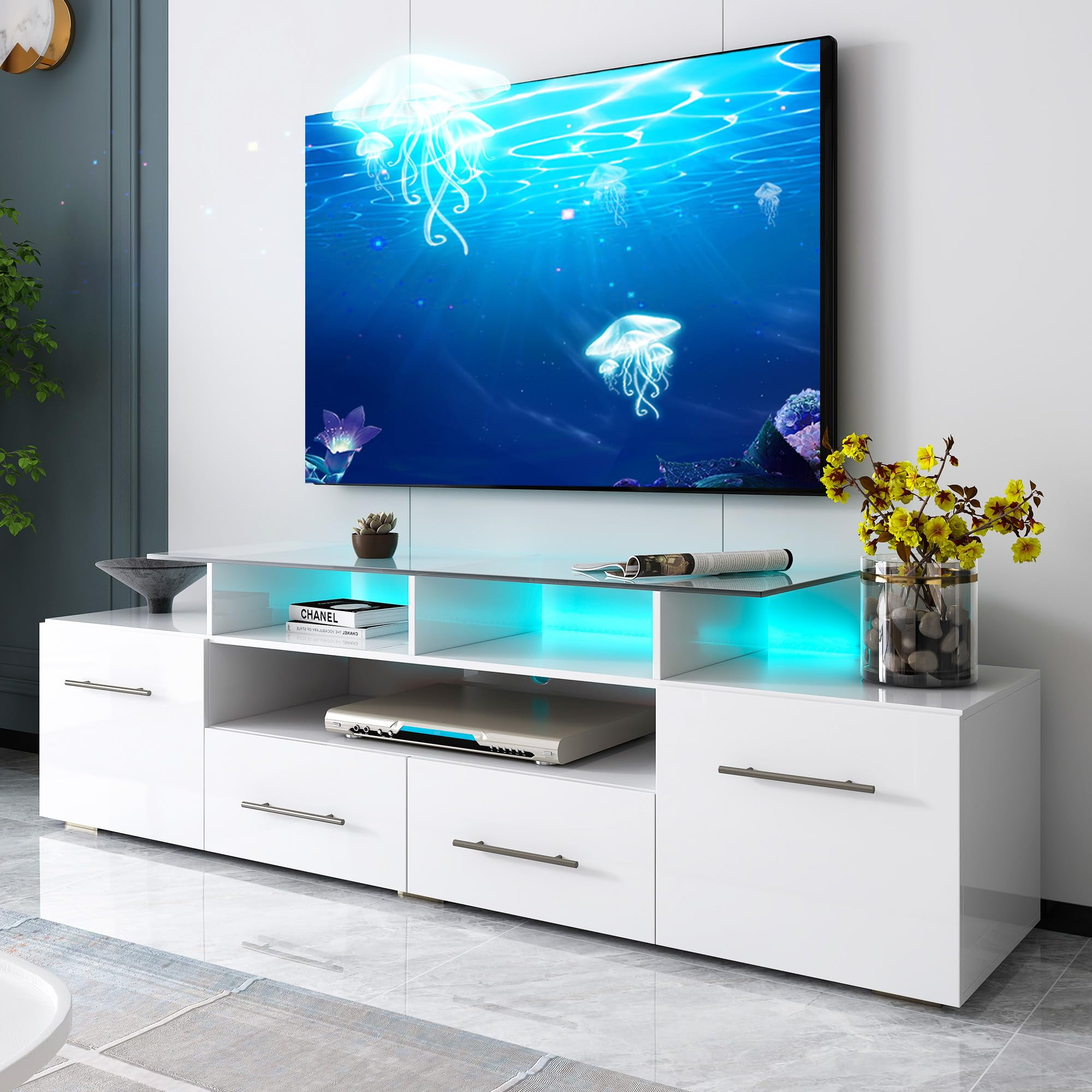 Modern LED TV Stand for 70 inch TV, White Entertainment Center with LED
