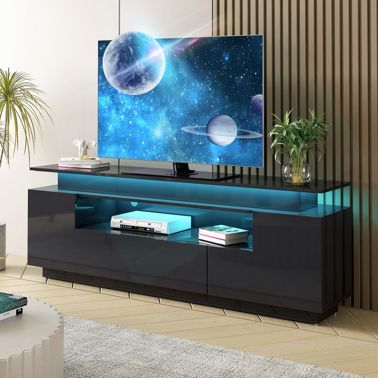 Modern LED TV Stand for 75 inch TV, Black Entertainment Center with LED