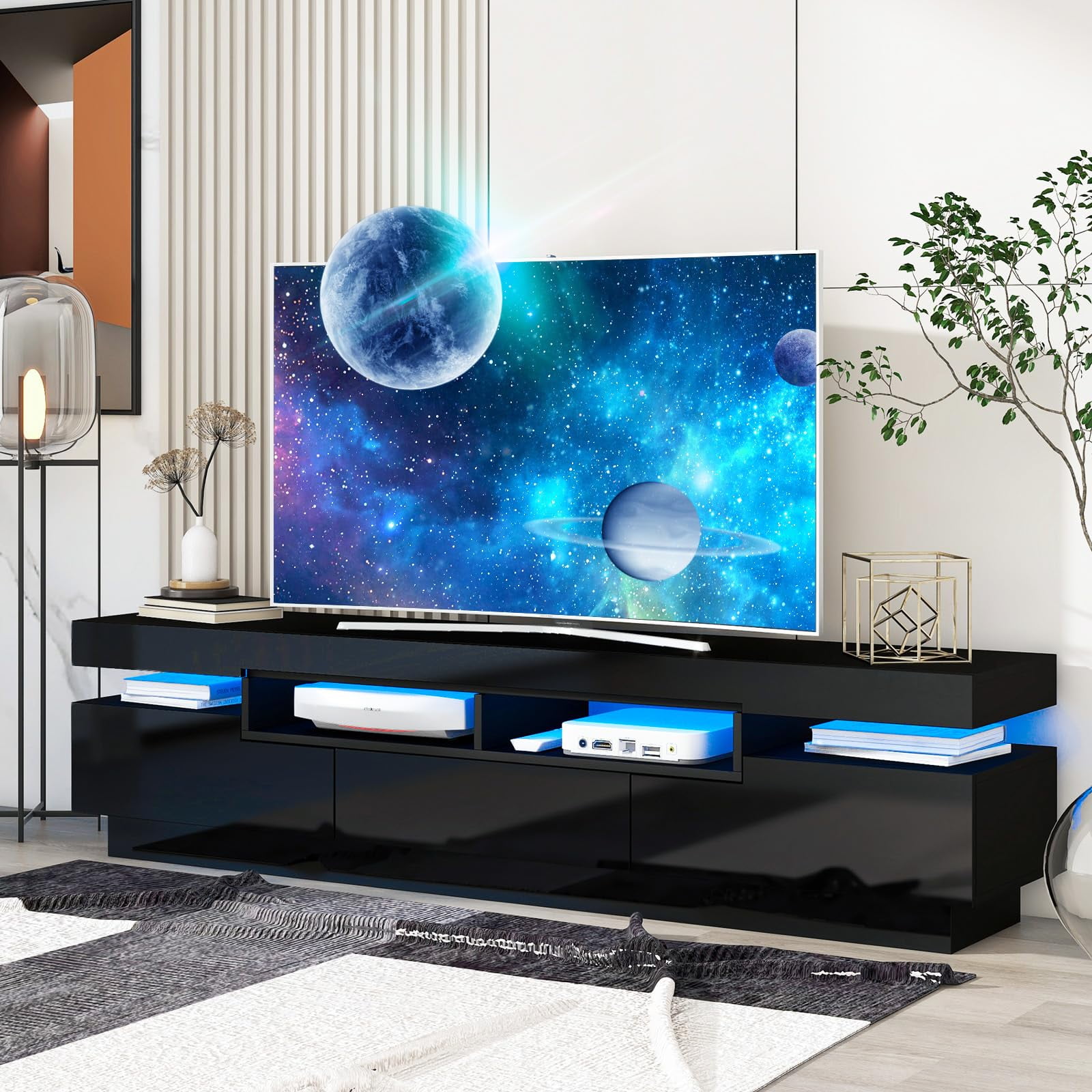 Modern LED TV Stand for 75 inch TV, Black Entertainment Center with LED