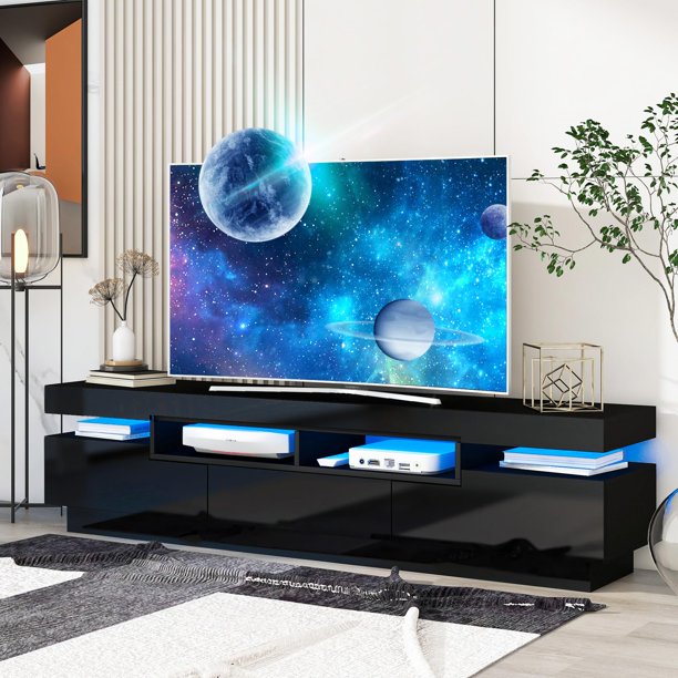 Modern LED TV Stand for 75 inch TV, Black Entertainment Center with LED