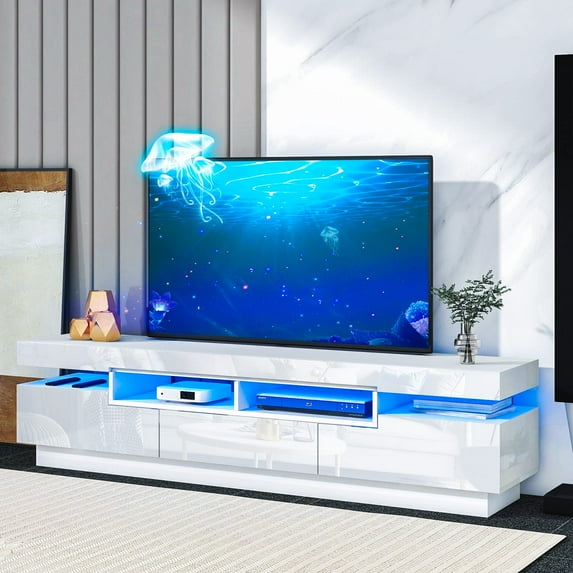 Modern LED TV Stand for 75 inch TV, White Entertainment Center with LED Lights and 4 Storage Cabinets, High Gloss Media TV Console with 4 Open Shelves and Drawer for Living Room, Bedroom