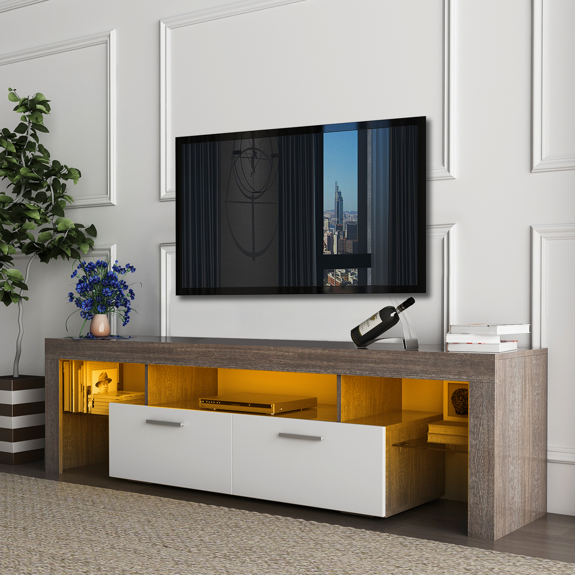 Modern LED TV Stand for TVs Up to 70 inch, Wood Freestanding
