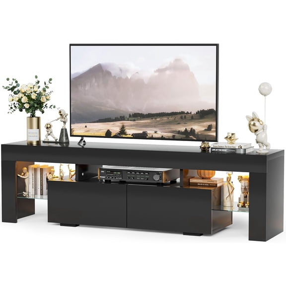 Modern LED TV Stand for Televisions up to 70 Inch with Glass Shelves and Drawer, Gaming Entertainment Center with Multiple Dynamic RGB Modes, for Livingroom, Bedroom, 60 Inch, Black