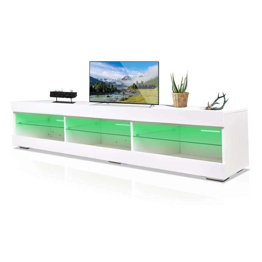Modern LED TV Stand with Open Glass Shelf, Entertainment Center Media ...