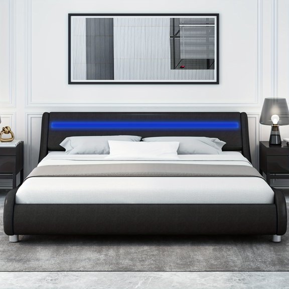 Modern LED Upholstered Bed Frame, Faux Leather Wave Design, Adjustable Headboard, Metal Platform, No Box Spring Needed, Easy Assembly