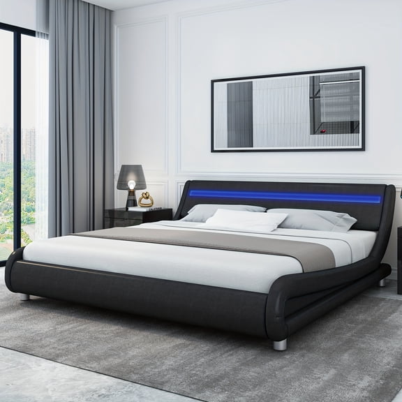Modern LED Upholstered Bed Frame, Faux Leather Wave Design, Adjustable Headboard, Metal Platform, No Box Spring Needed, Easy Assembly