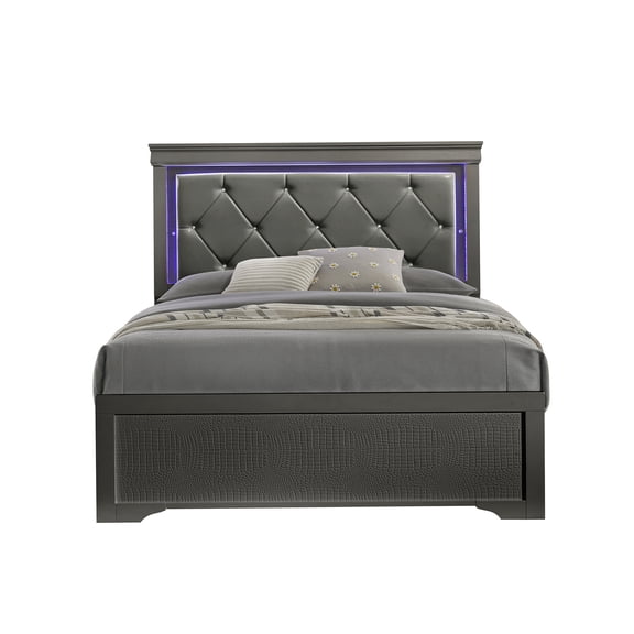 Modern LED Upholstered Full Bed Frame with Faux Leather Headboard, Gray Platform Bed with Wood Slats