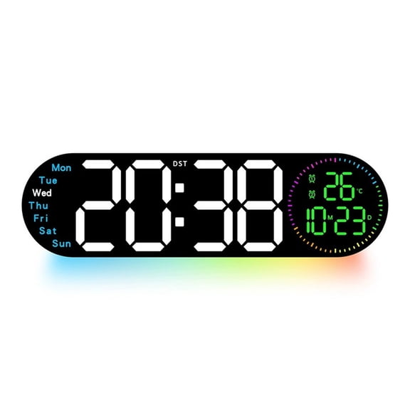 Modern LED Wall Clock with Remote Control Featuring Time Date Temperature Display and Vibrant Lighting Options