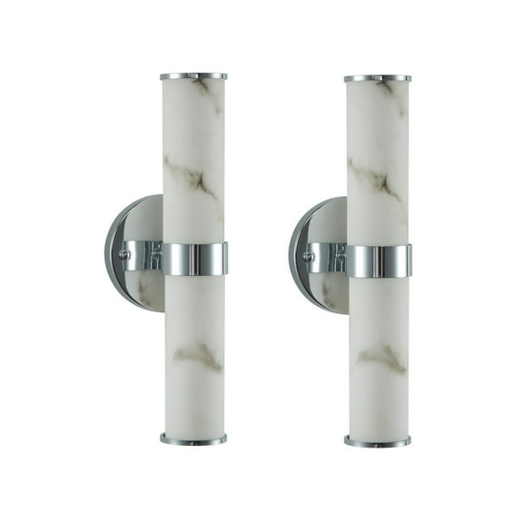 Modern LED Wall Sconces Set of 2 Resin Imitation Marble Wall Lights with Chrome Metal Frame, Vertical Indoor Wall Lamps for Bedroom, Bathroom, Living Room, or Hallway