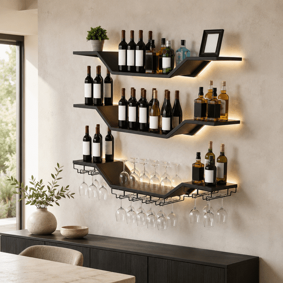 Modern LED Wine Rack 39.4 Inch with 3-Tier Floating Shelves and Wine Glass Holder, Large Capacity Liquor Display Rack for Home Bar, Dining Room, and Cafe Decoration