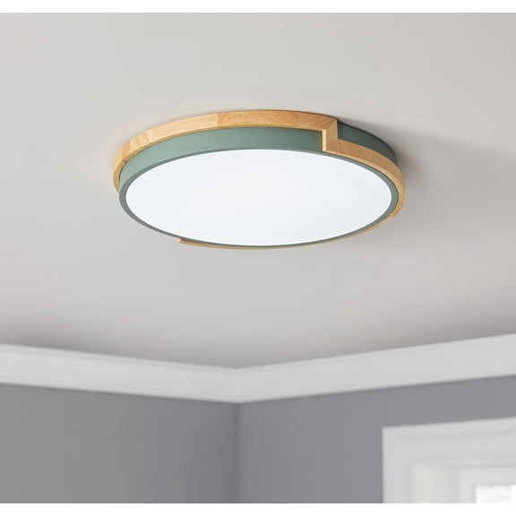 Modern LED Wood Flush Mount Ceiling Lighting Dimmable Contemporary Circle Ceiling Light Fixture Simple Round Acrylic Metal Lamp for Bedroom Living Room Kitchen Closet Room Laundry 16.53" Green