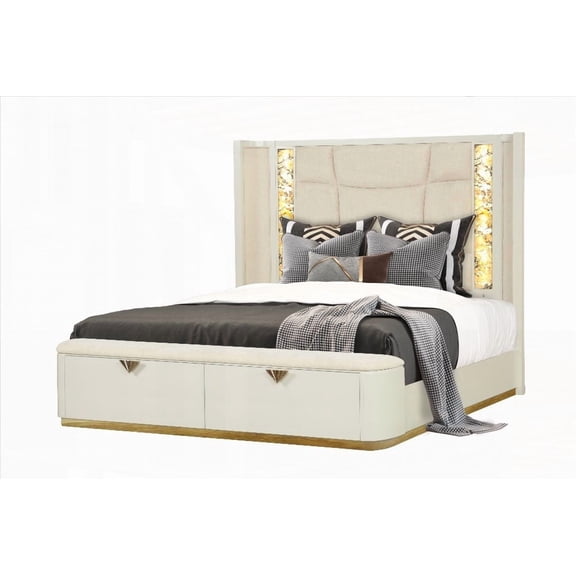 Queen Size Wood Storage Bedframe with Footboard Drawers and Gold Accents in Beige