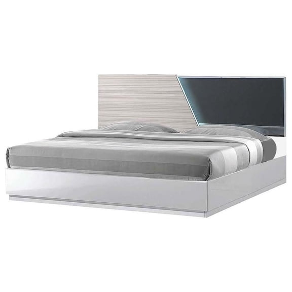 Modern Lacquer Finish Queen Size Platform Bed with LED Lighting, Smoked Mirror Headboard, Gray/White