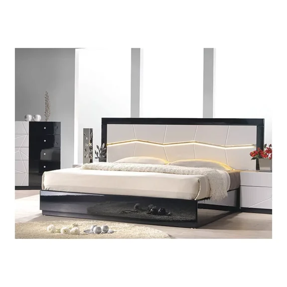 Modern Lacquer Platform Bed Frame, Eastern King Size Bed with LED Headboard, Black/White